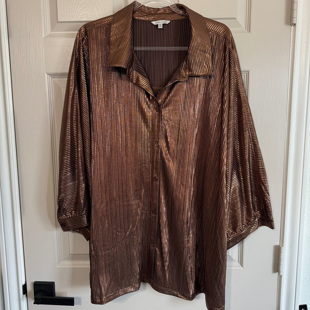 John Mark Womens 3X Bronze Metallic Pleated Button Down Tunic Blouse Top 5795